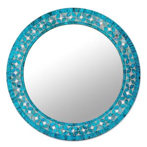 Turquoise Blossom, Round Turquoise Glass Mosaic Tile Mirror with Flower Motif