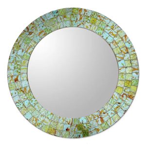 Aqua Splash, Aqua and Lime Round Glass Mosaic Mirror from India