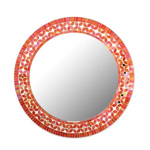 Shimmering Blossoms, Handcrafted Round Mosaic Multicolor Wall Mirror from India