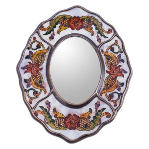 White Colonial Wreath, Aged White Reverse Painted Glass Wall Mirror from Peru