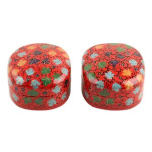 Flourishing Autumn, Hand-Painted Papier Mache and Wood Decorative Boxes (Pair)