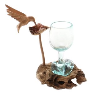 Hummingbird Wine, Handblown Glass and Jempinis Wood Hummingbird Sculpture