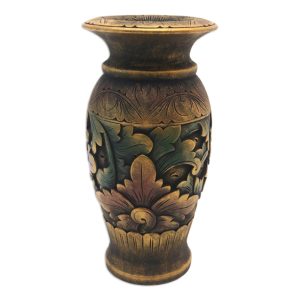 Mystic Garden, Decorative Hand Carved Wood Vase with Floral Motif