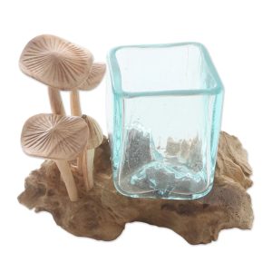 Mushroom Patch, Hand Carved Wood and Glass Mushroom Sculpture