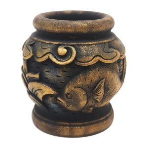 Balinese Goldfish, Five Inch Hand Carved Gilded Mahogany Decorative Vase